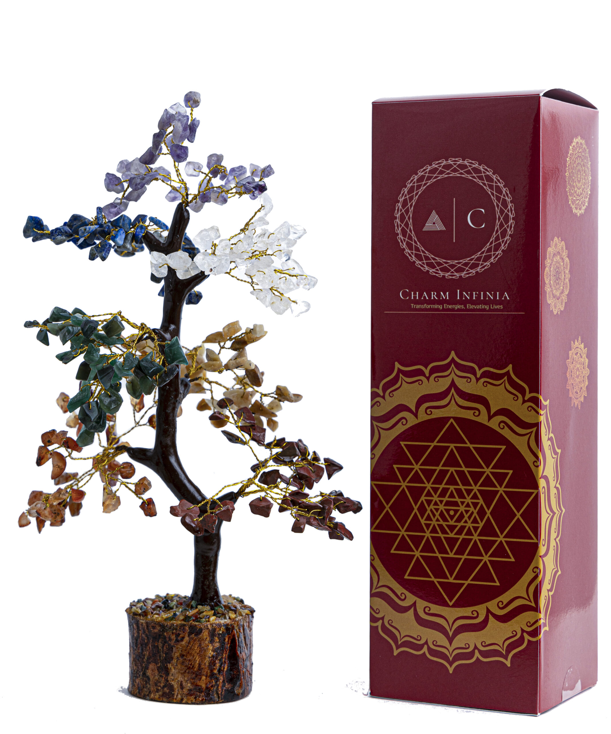 CHARM INFINIA 300 Beads Seven Chakra Crystal Tree with Wooden Bark & Base – Handmade Chakra Healing Tree for Balance Energy and Home Décor (300, Multicolor)